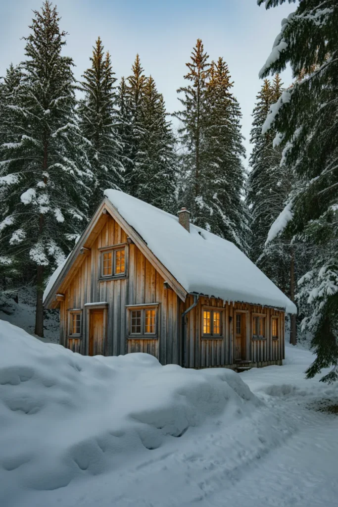 Timber Cabin with Snowy Rooflines