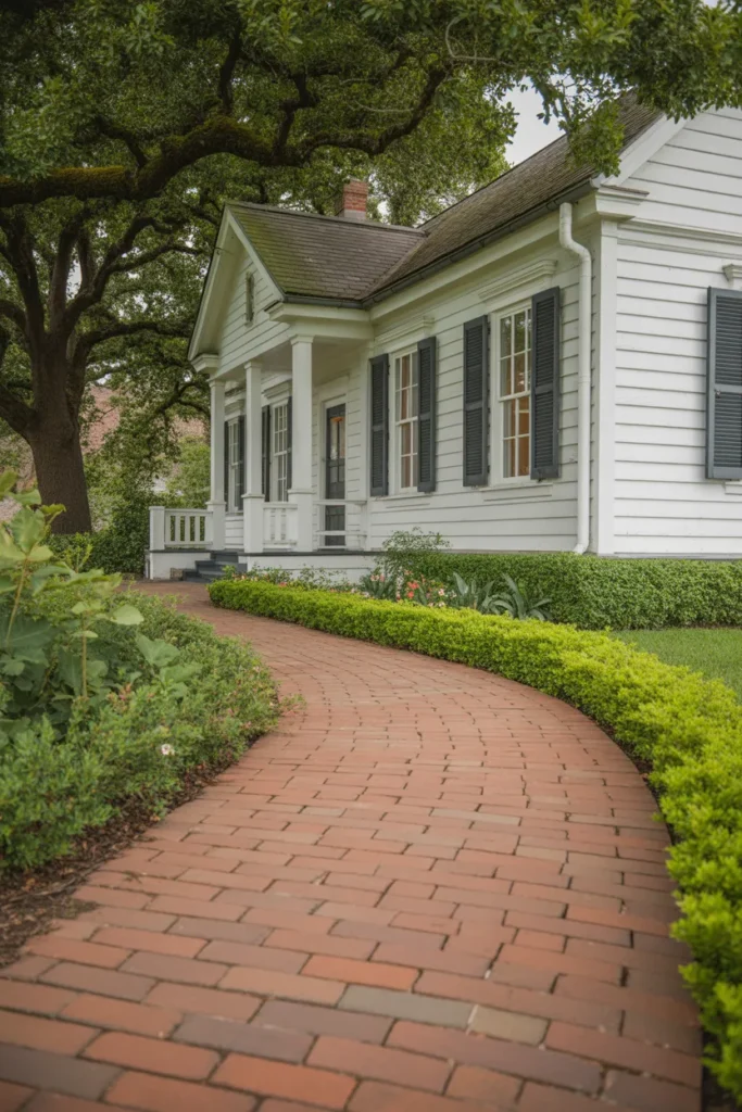  White Farmhouse with Red Brick Pathway