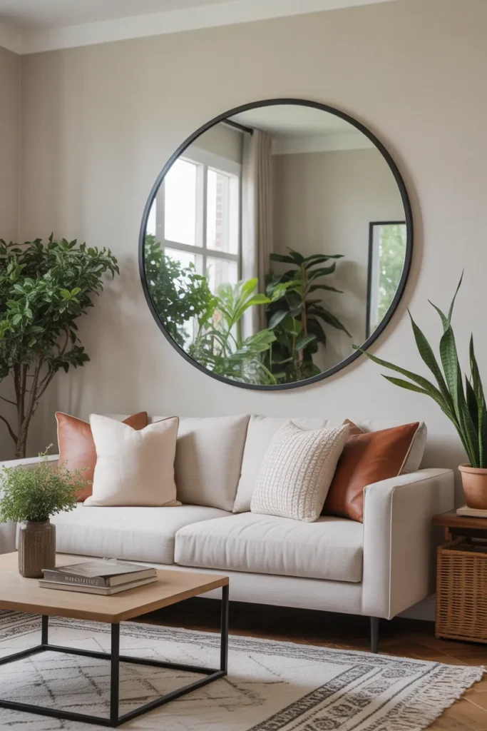 Oversized Round Mirror for a Bright Living Room