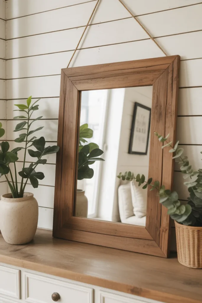 Rustic Wood-Framed Mirror Wall