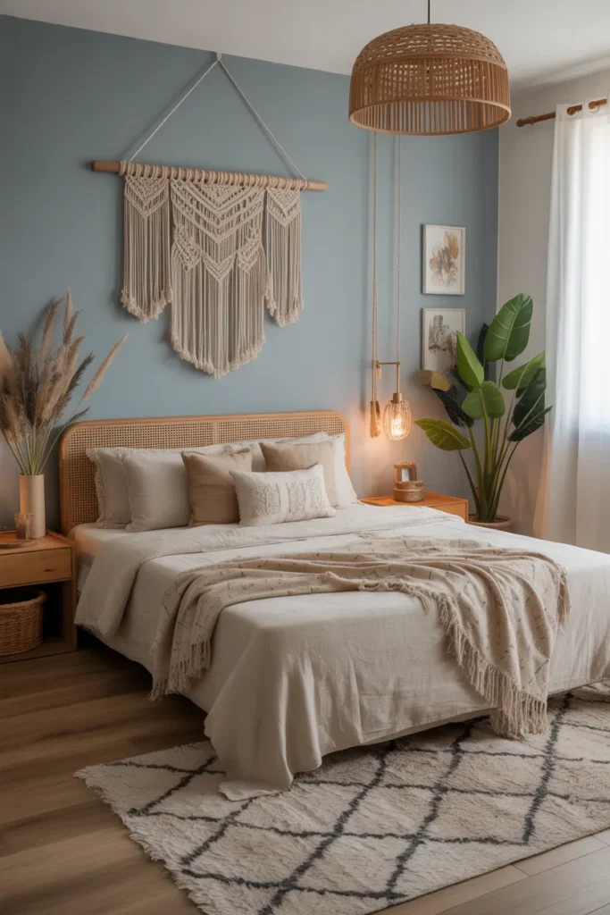 Blue and Beige Boho Chic Bedroom