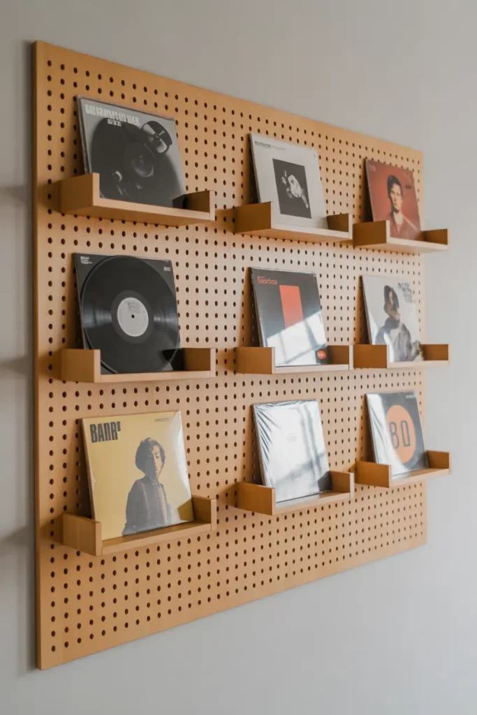 Use a Large Pegboard for Adjustable Album Display