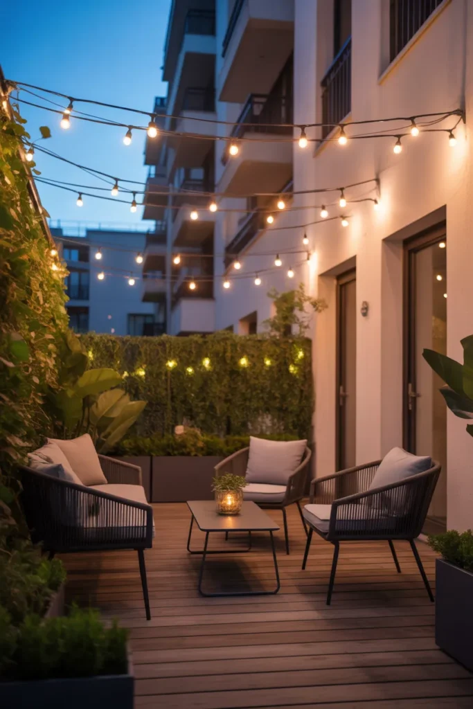  Apartment Patio with String Light Canopy