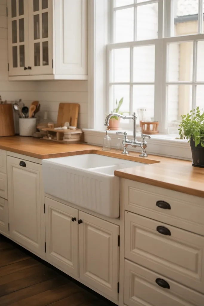 Classic White Apron-Front Sink with Shaker Cabinets