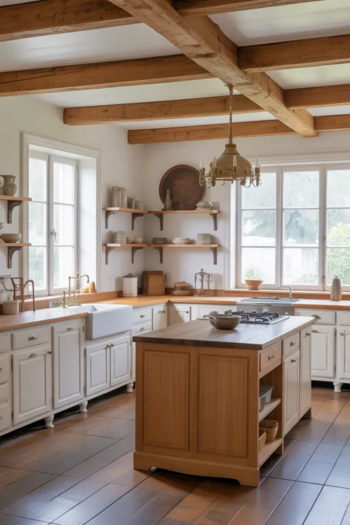 Classic White French Farmhouse Kitchen with Natural Wood Accents