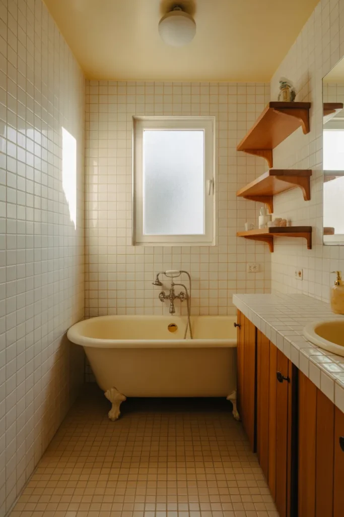 Classic White Tub with Warm Wood Accents