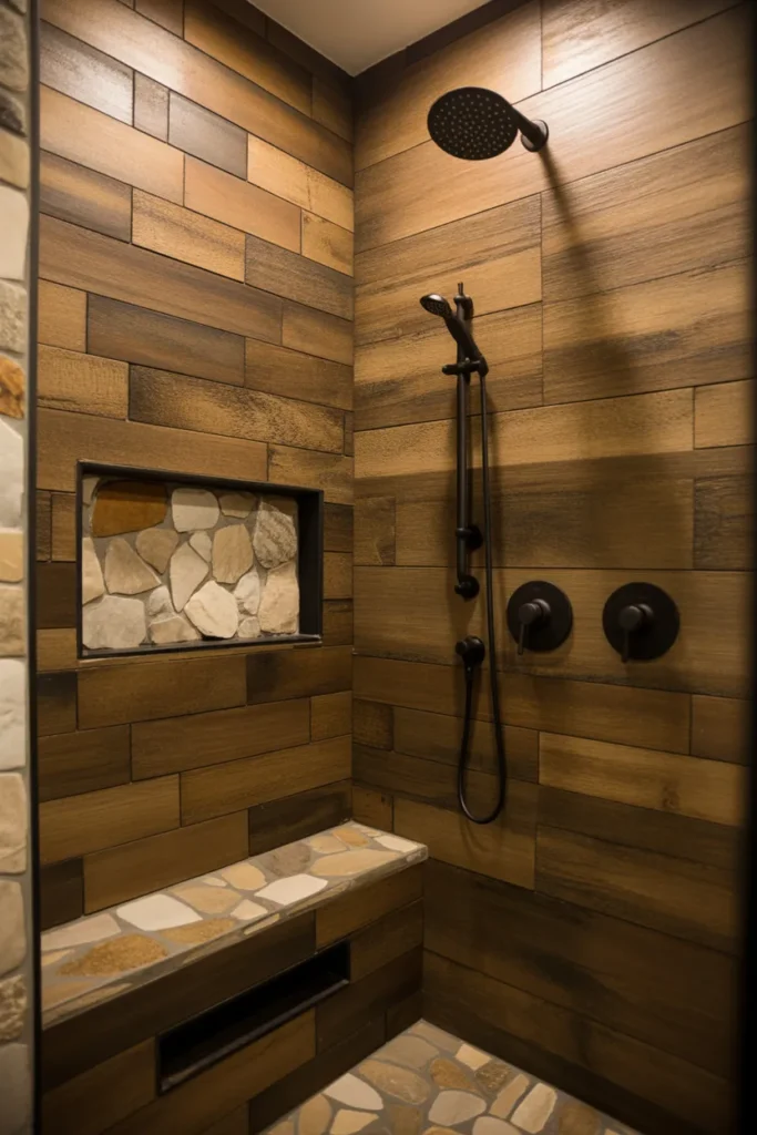 Rustic Wood Look Tile Shower With Stone Accents