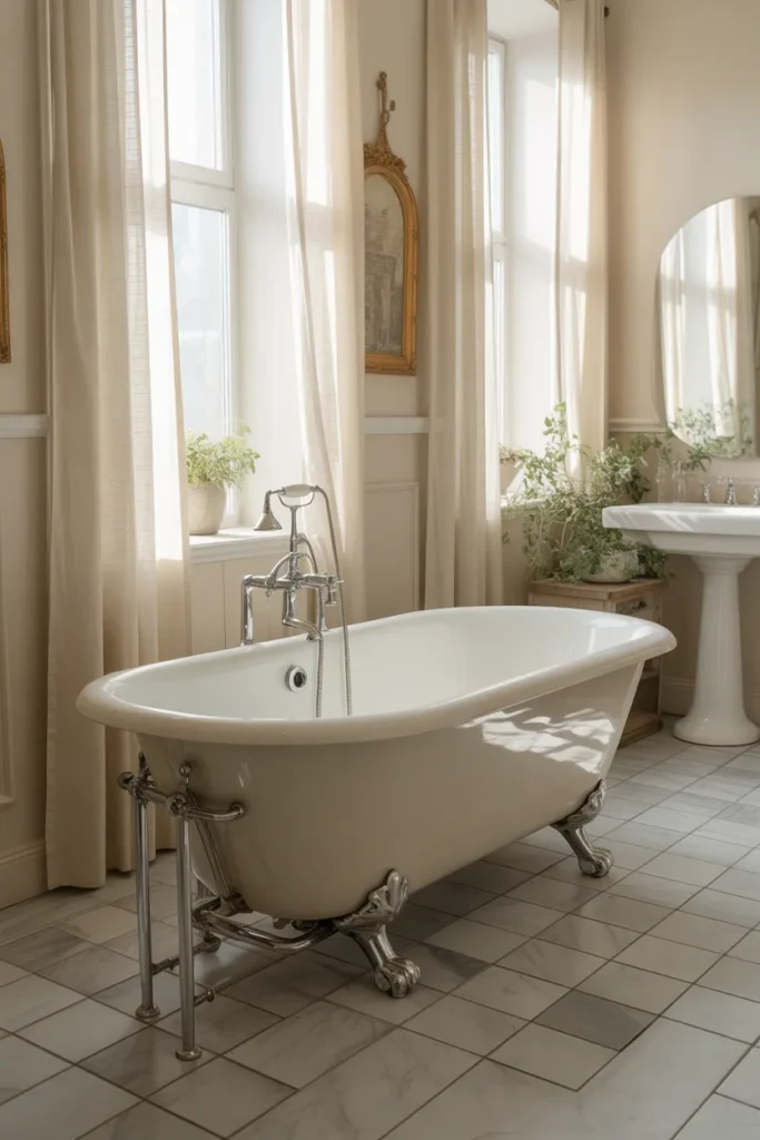 Vintage White Clawfoot Tub with Marble Floors