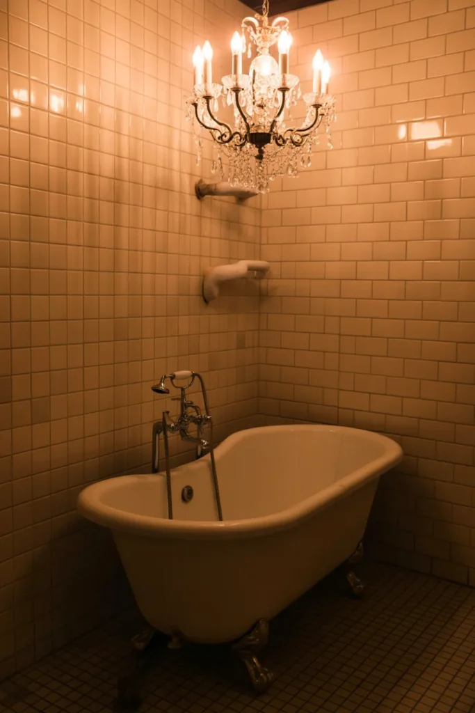 Clawfoot Tub with Chandelier Lighting