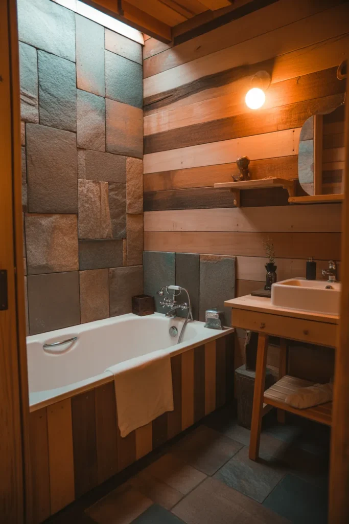 Rustic Small Bathroom with Wooden Tub Surround