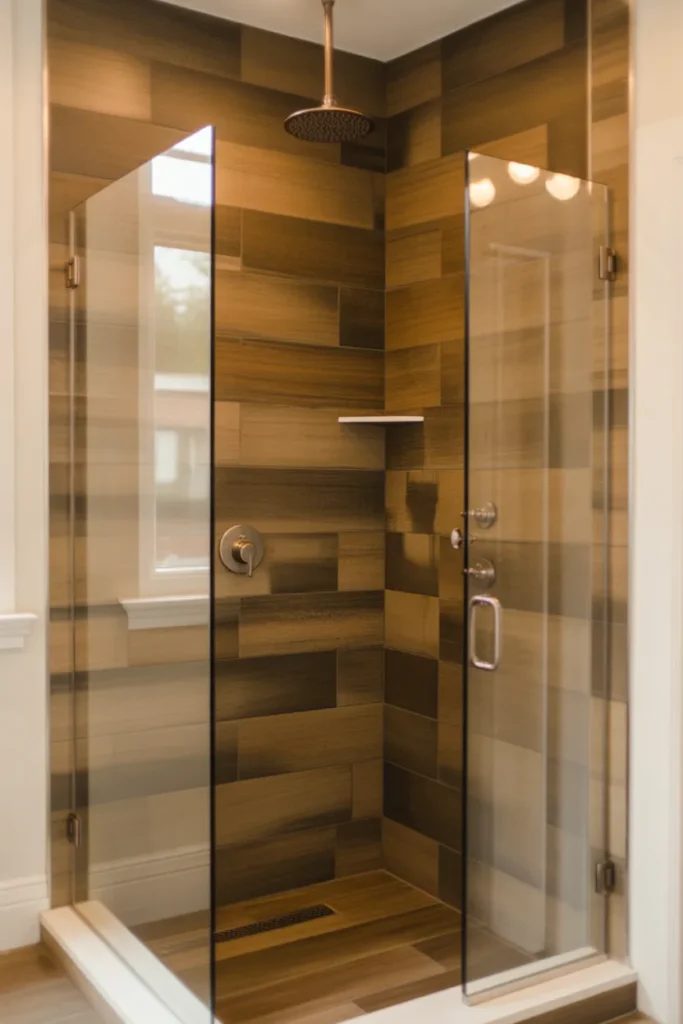 Wood Look Tile With Frameless Glass Shower