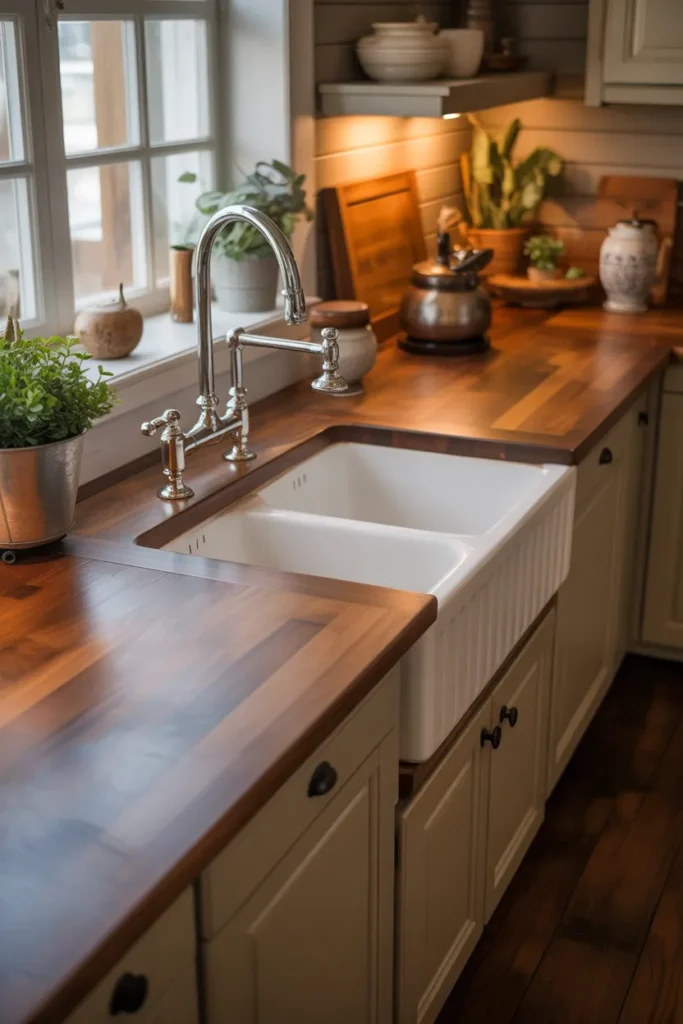 Farmhouse Sink Paired with Butcher Block Countertops