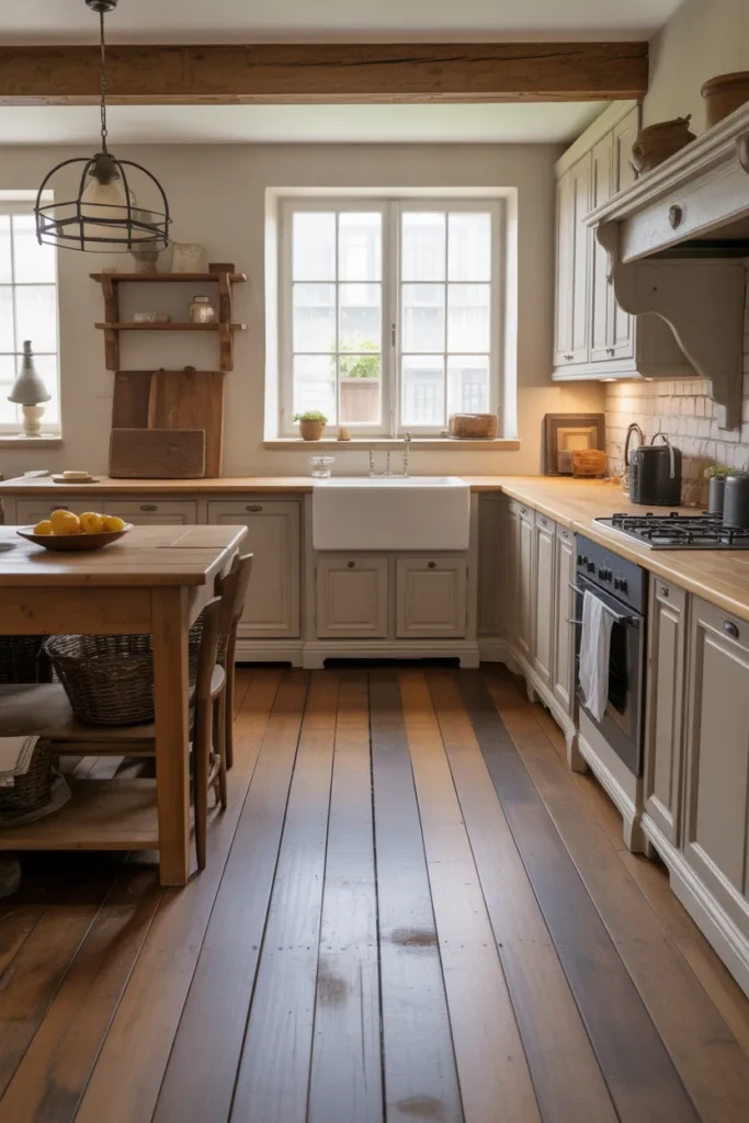 Warm French Farmhouse Kitchen with Wooden Flooring
