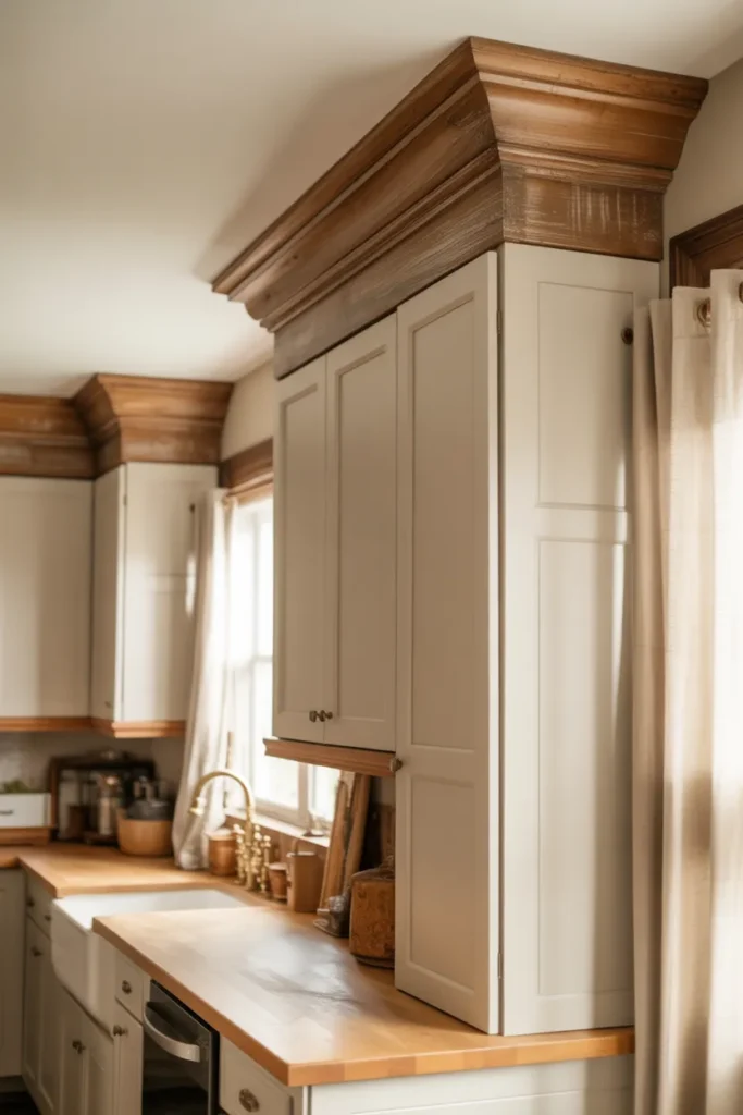 Farmhouse Cabinets with Rustic Crown Molding