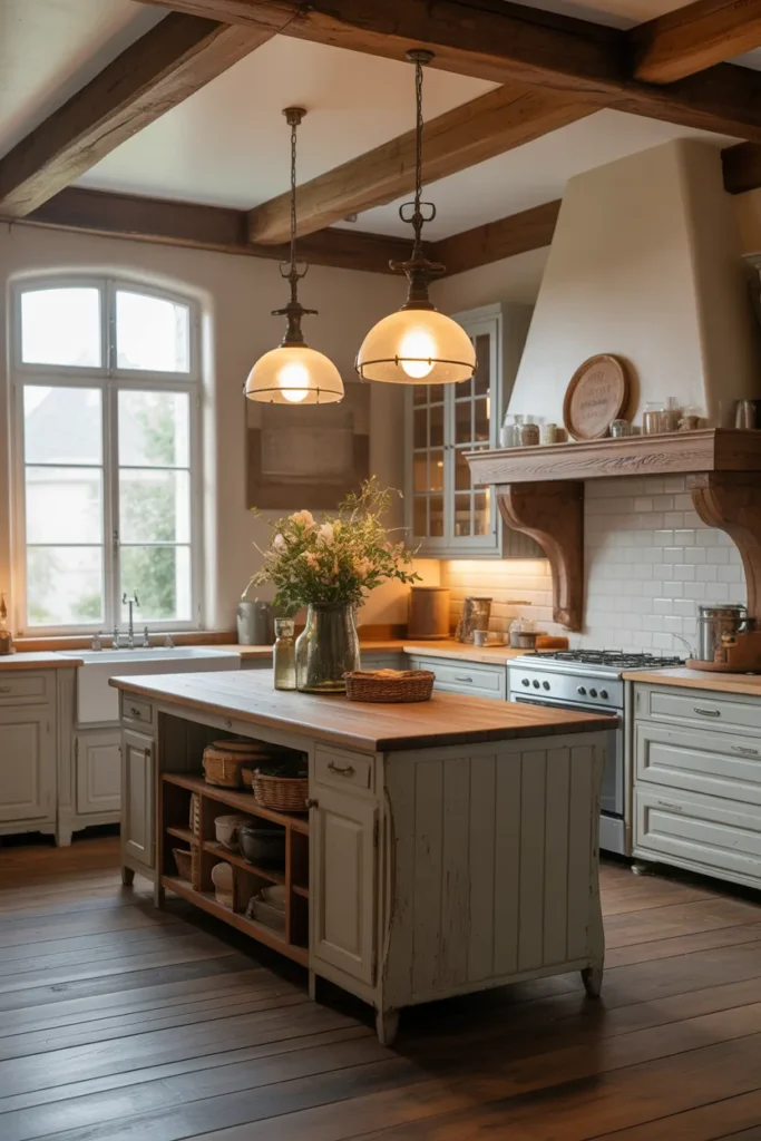French Farmhouse Kitchen with Vintage Pendant Lighting