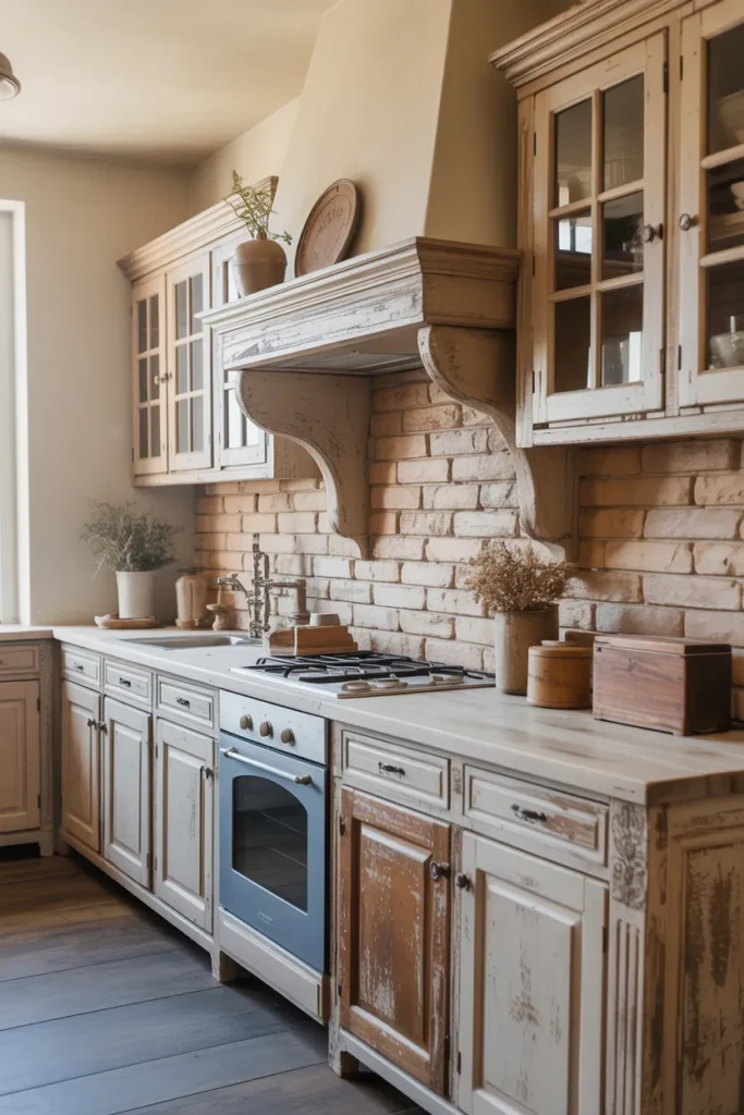 French Farmhouse Kitchen with Distressed Wood Cabinets