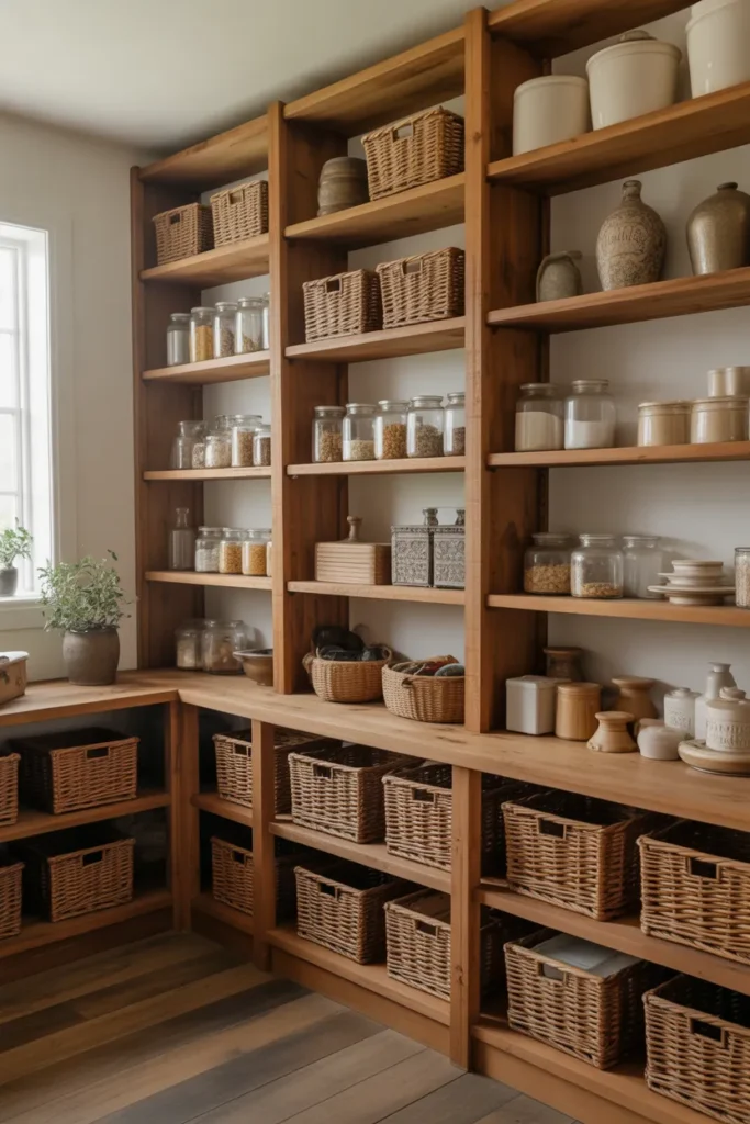 Vintage Farmhouse Pantry with Wooden Shelving