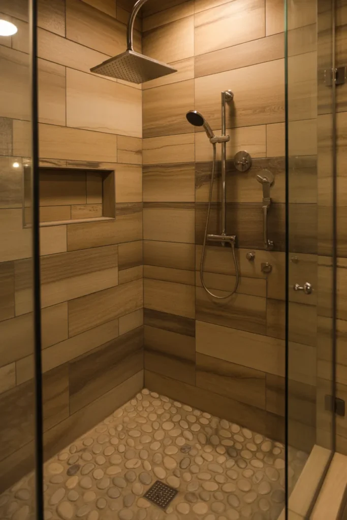 Wood Look Tile With Pebble Shower Floor