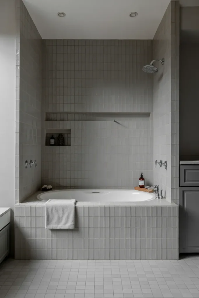 Elegant Gray Bathroom with Built-In Tub