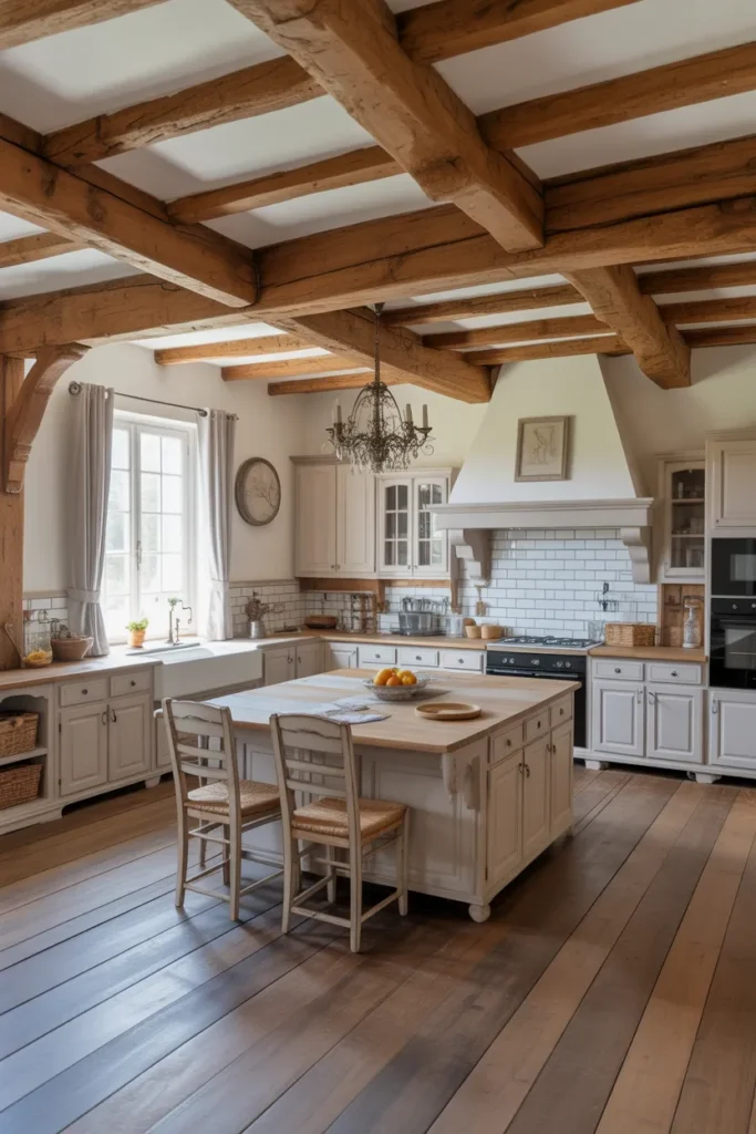 French Farmhouse Kitchen with Open Beam Ceiling