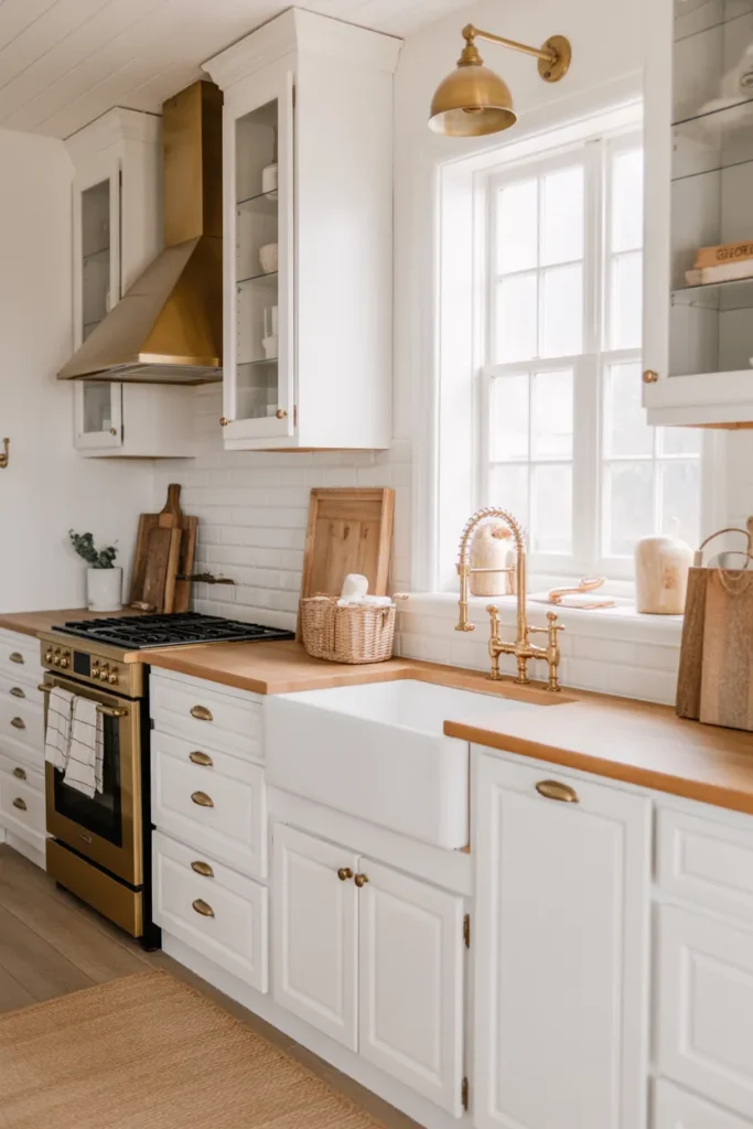   White Farmhouse Kitchen with Brass Accents