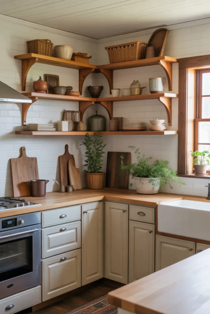 Farmhouse Cabinets with Open Corner Shelves