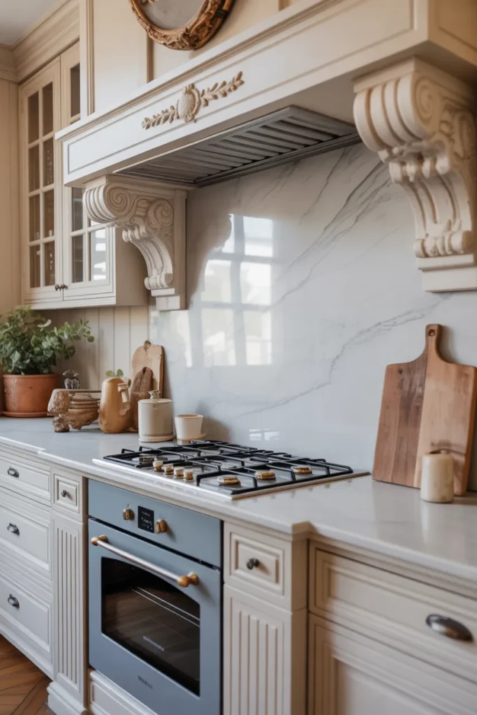 French Farmhouse Kitchen with Marble Backsplash
