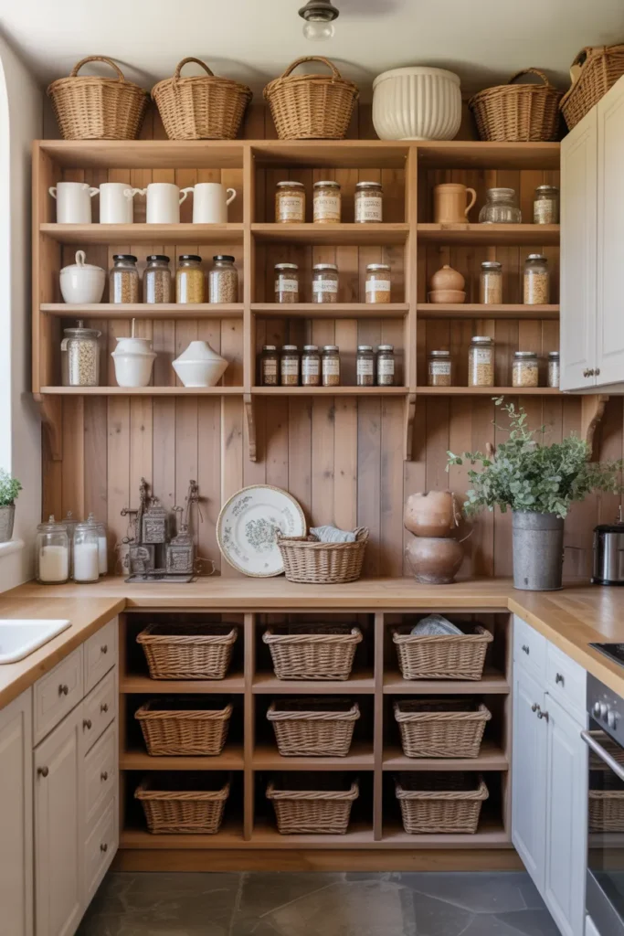 French Farmhouse Kitchen with Rustic Open Pantry