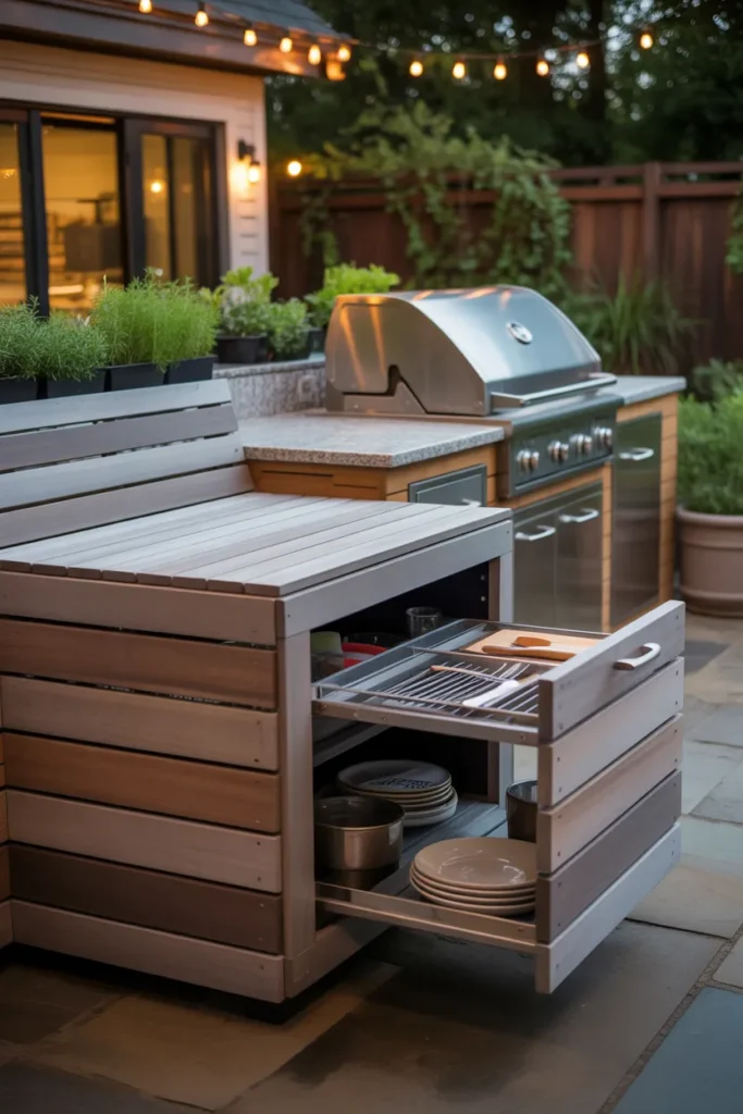 Small Outdoor Kitchen with Storage Bench