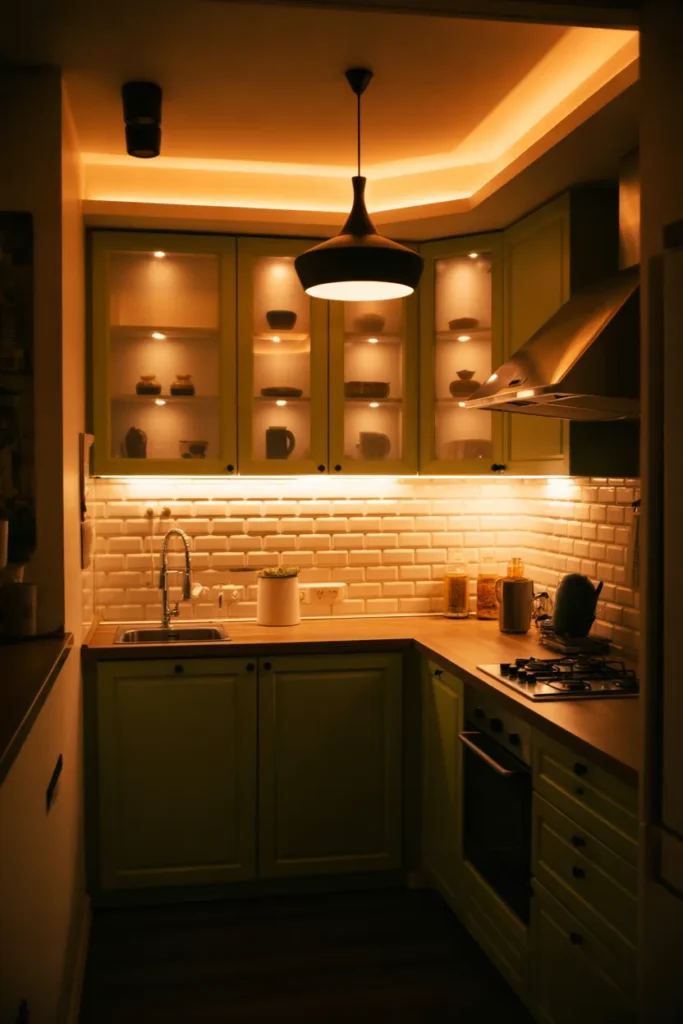 Cozy Small Kitchen With Soft Lighting Layers