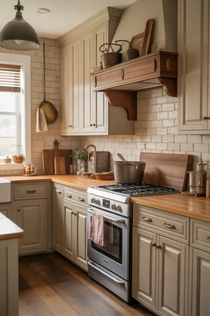 Farmhouse Cabinets with Antique Brass Hardware