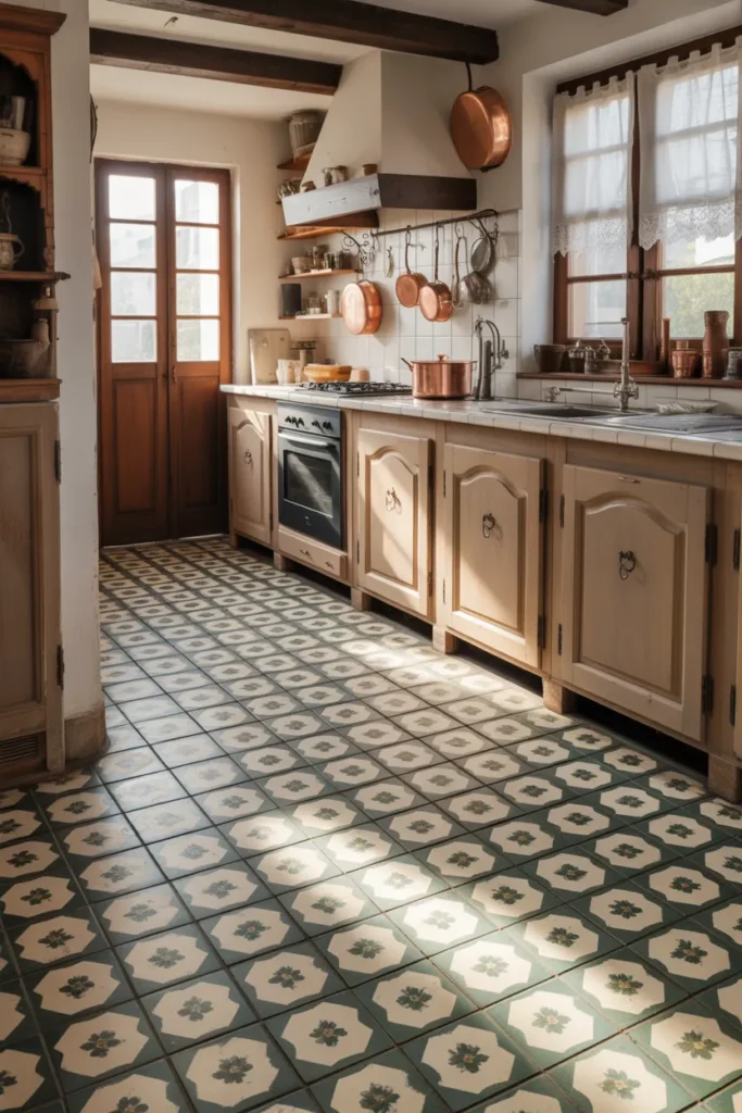 French Farmhouse Kitchen with Traditional Tile Flooring