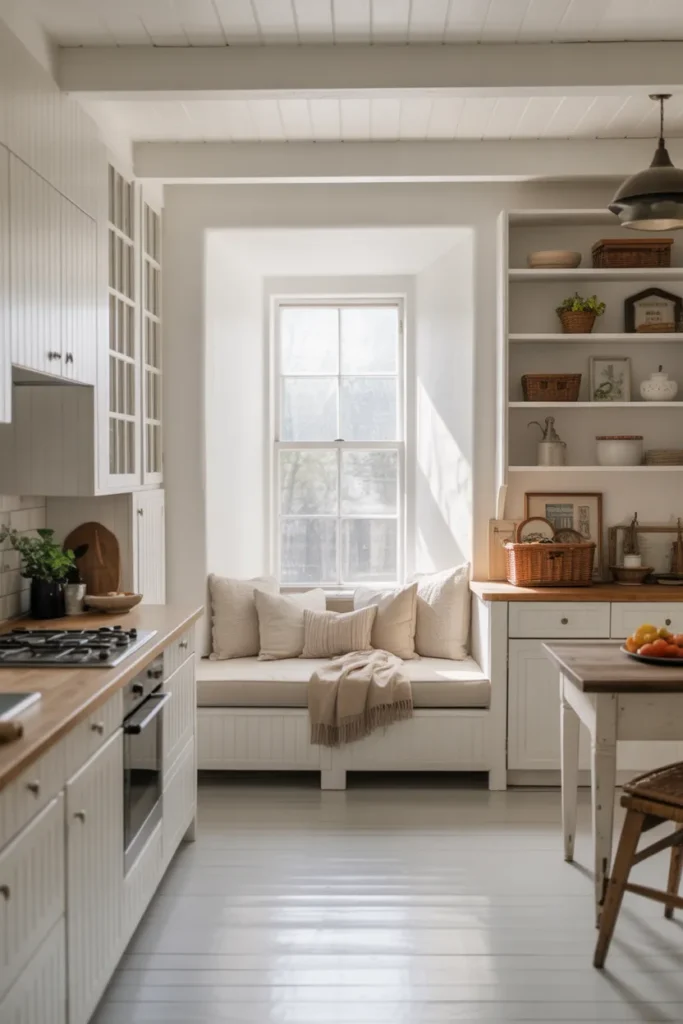  White Farmhouse Kitchen with Cozy Breakfast Nook