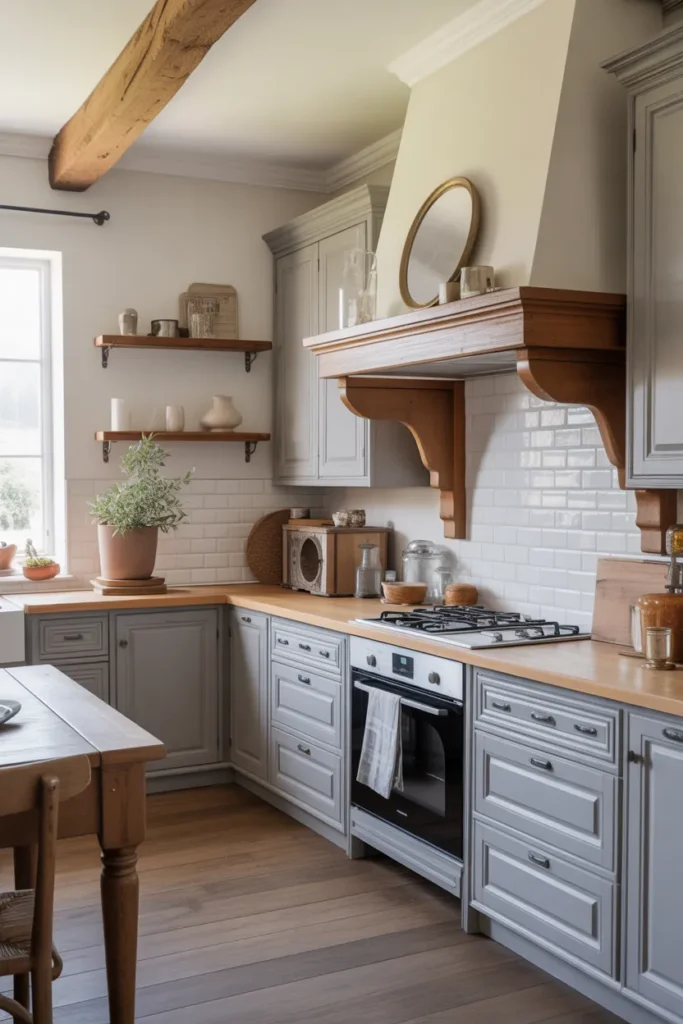 French Farmhouse Kitchen with Soft Gray Cabinetry