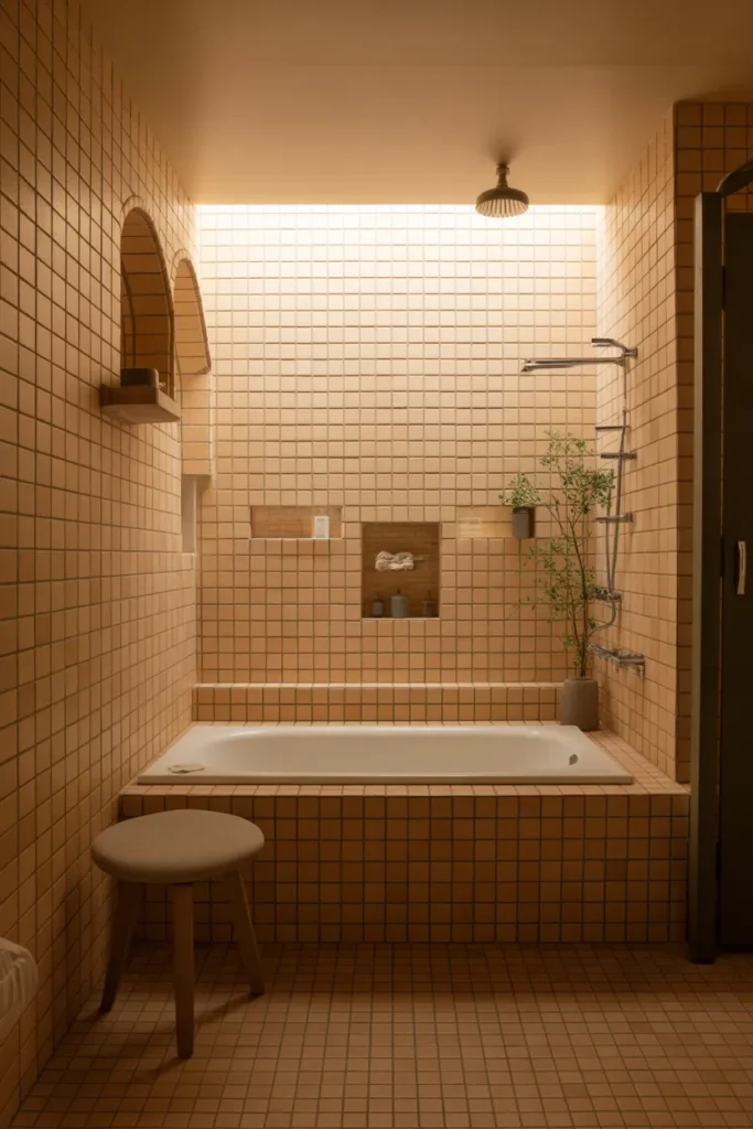 Small Bathroom with Built-In Bench and Tub