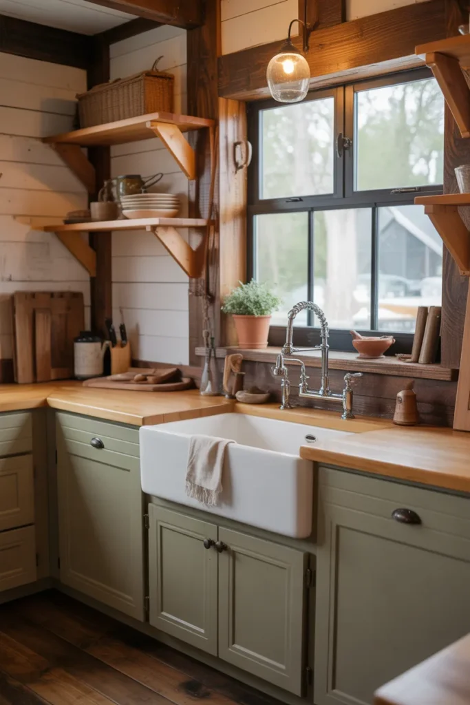 Fireclay Farmhouse Sink with Rustic Wood Accents