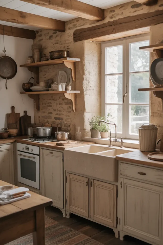 French Farmhouse Kitchen with Stone Walls and Rustic Charm