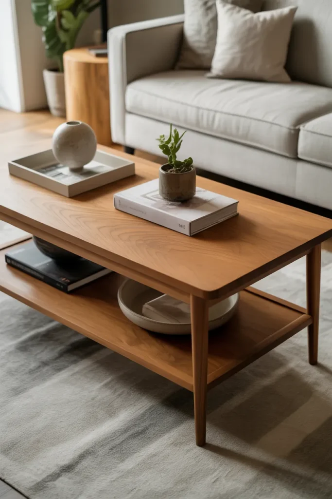   Rectangular Teak Coffee Table with Lower Shelf