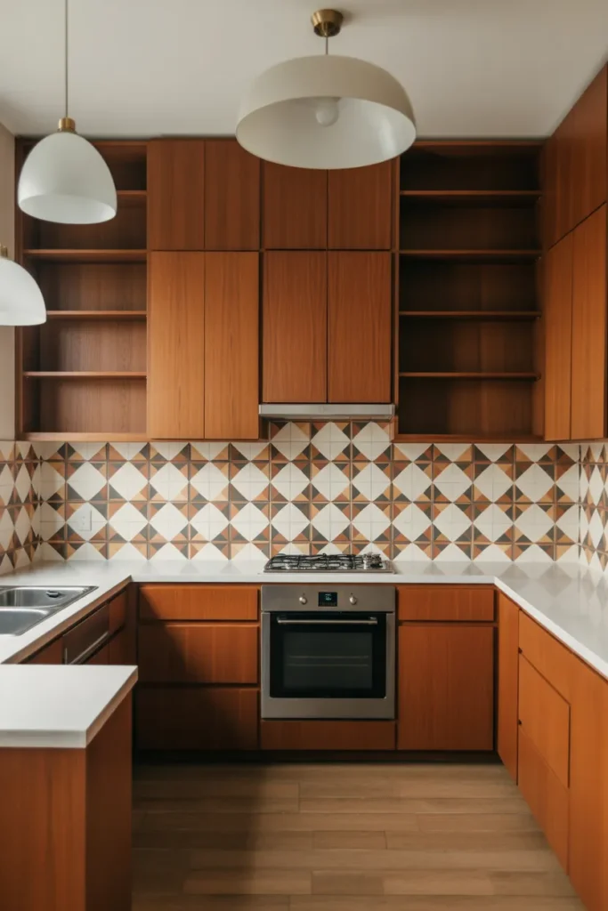  Teak Wood Cabinets With Retro Tile Backsplash