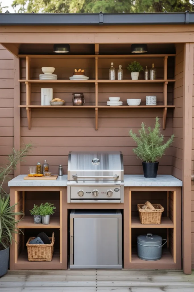 Small Outdoor Kitchen with Built-In Shelving