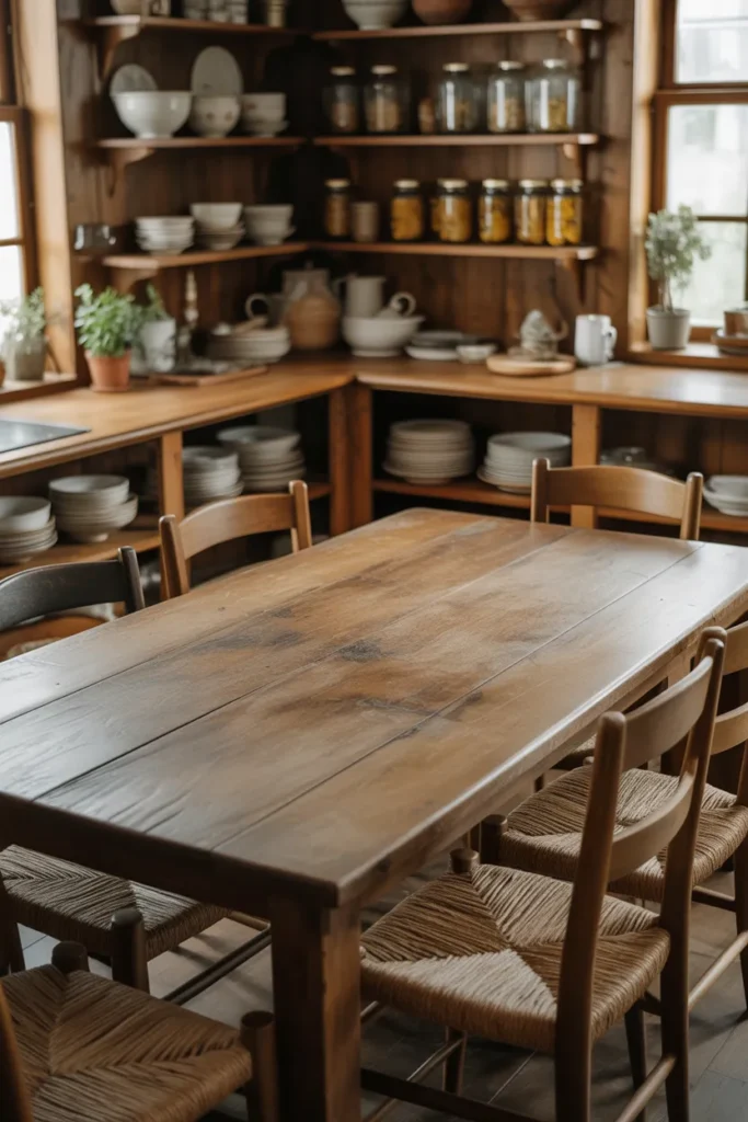 Farmhouse Kitchen Table with Open Shelving Nearby