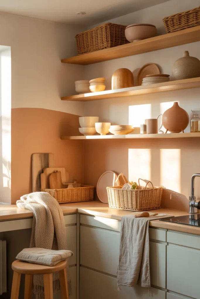   Cozy Apartment Kitchen with Open Shelving and Soft Neutrals