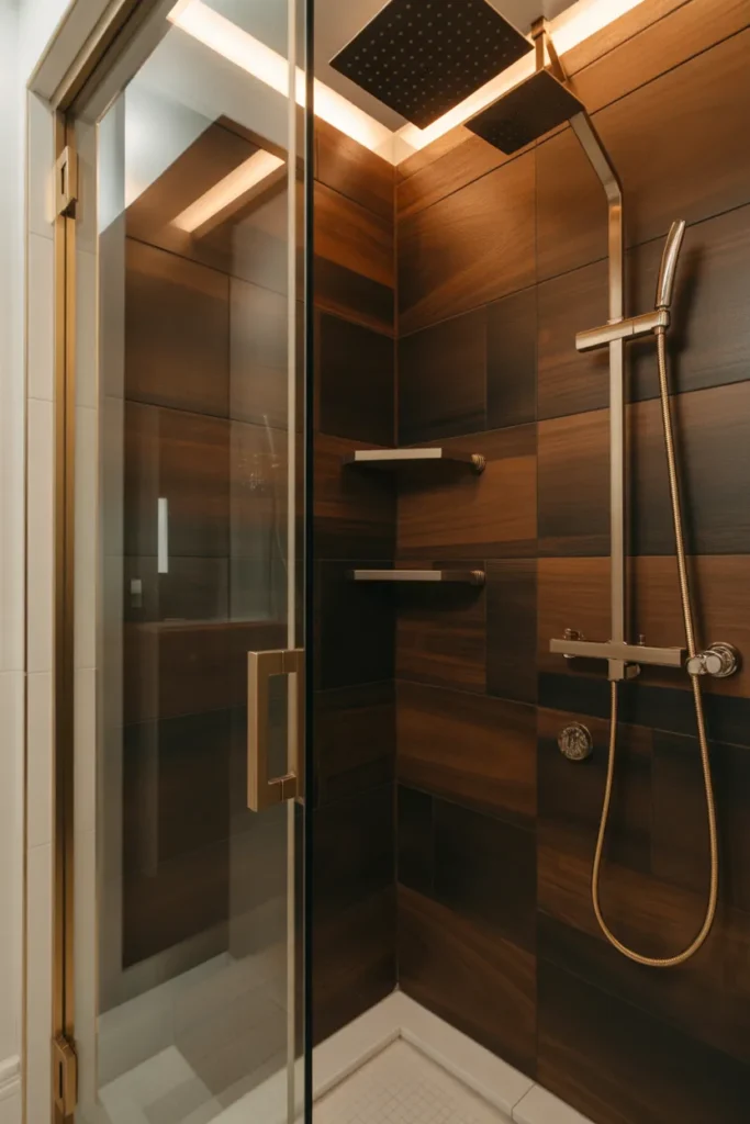 Dark Walnut Wood Look Tile With Gold Fixtures