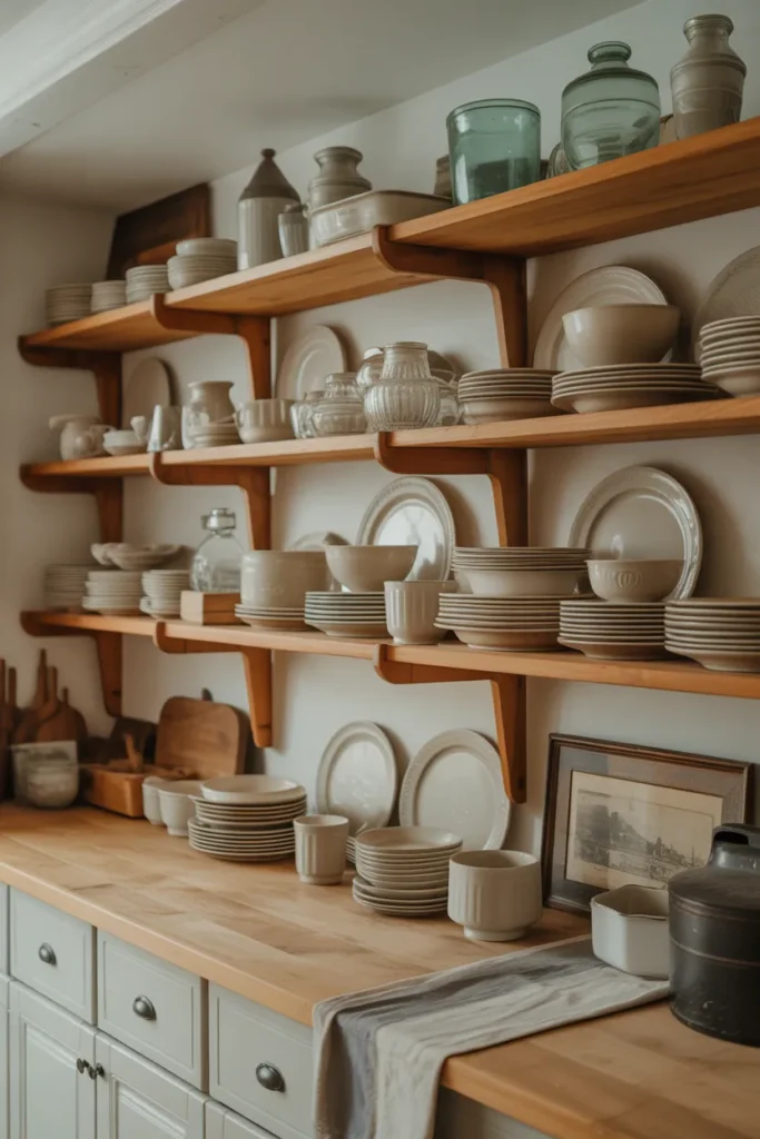 Open Shelving with Antique Dishware Display