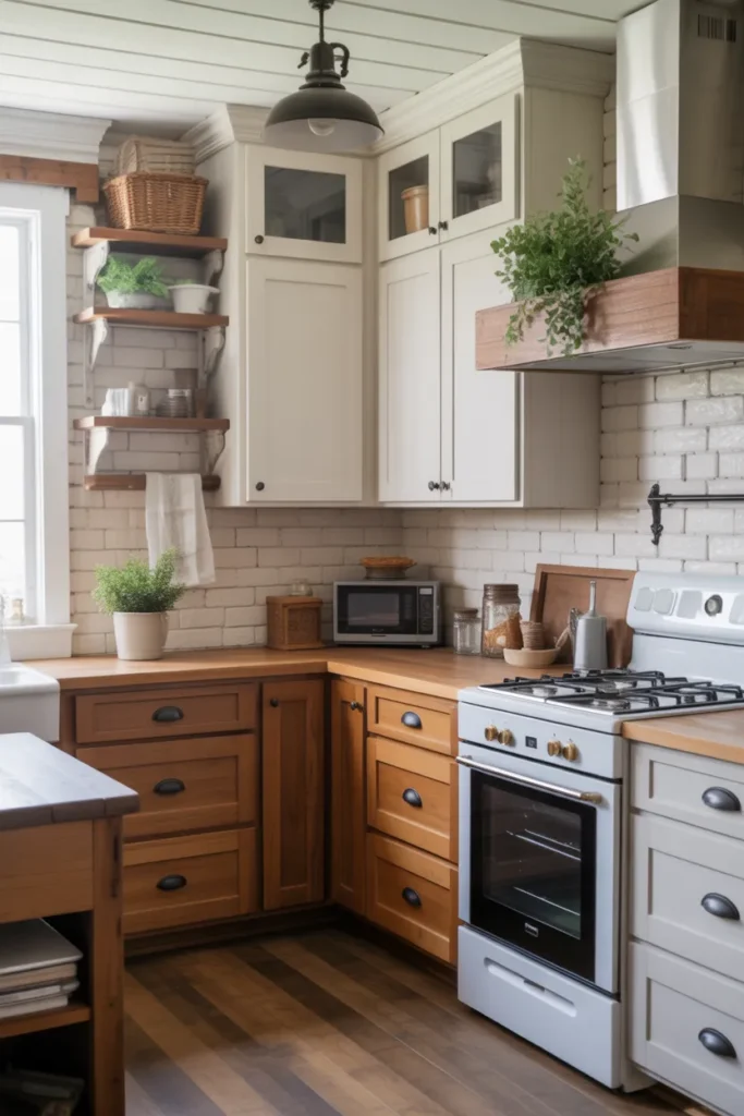 Two-Tone Farmhouse Cabinets with Rustic Charm