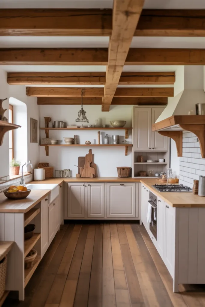 French Farmhouse Kitchen with Exposed Wooden Beams
