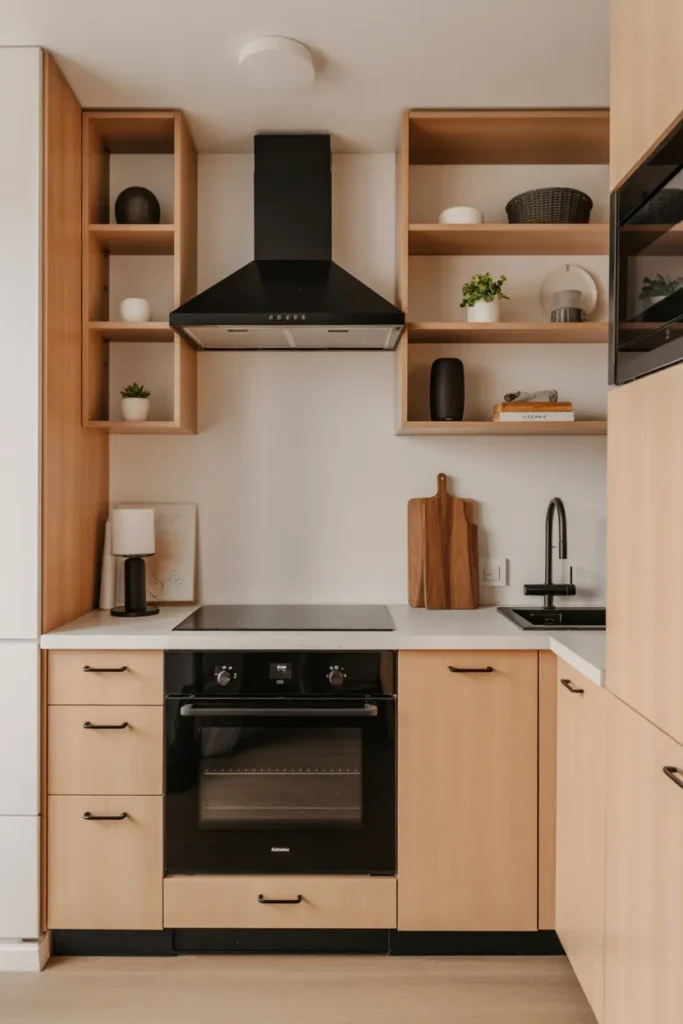   Modern Small Kitchen with Black Accents and Light Wood