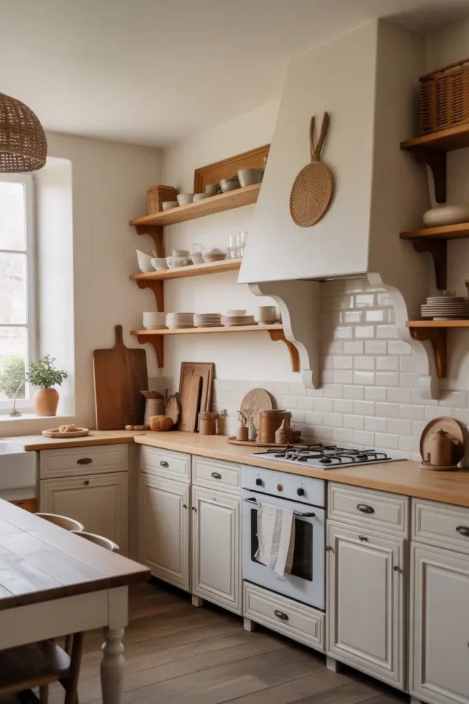 Soft Neutral French Farmhouse Kitchen with Open Shelving