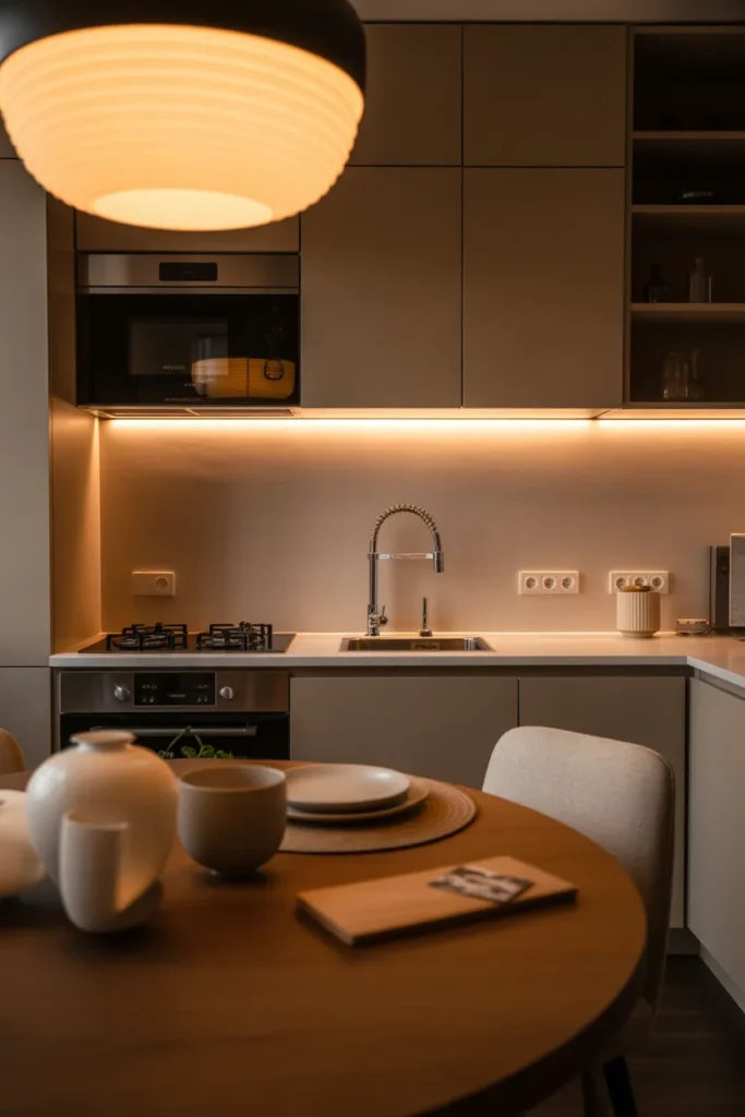  Cozy Modern Kitchen with Soft Lighting and Warm Textures
