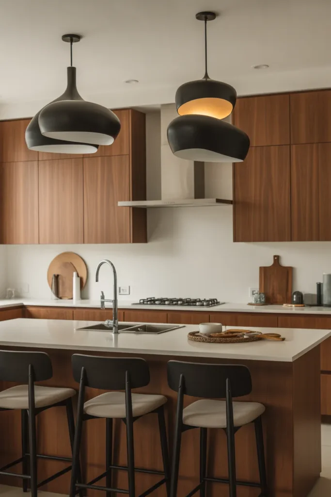   Mid Century Kitchen With Statement Lighting